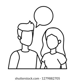 young couple with speech bubble characters
