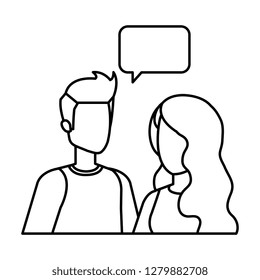 young couple with speech bubble characters