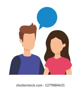 young couple with speech bubble characters