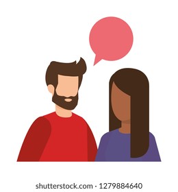 young couple with speech bubble characters
