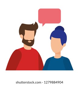 young couple with speech bubble characters