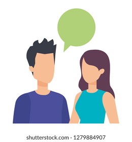 young couple with speech bubble characters
