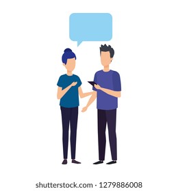 young couple with speech bubble characters