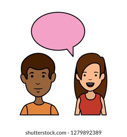 young couple with speech bubble characters