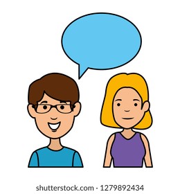 young couple with speech bubble characters