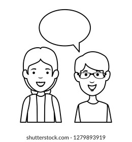 young couple with speech bubble characters