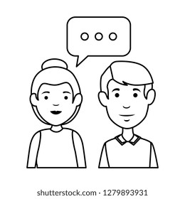 young couple with speech bubble characters