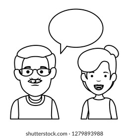 young couple with speech bubble characters