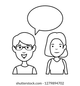 young couple with speech bubble characters