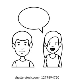 young couple with speech bubble characters