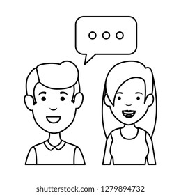 young couple with speech bubble characters