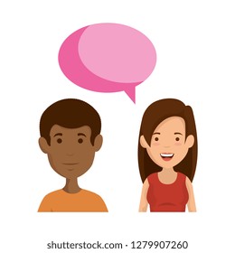 young couple with speech bubble characters