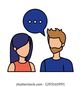 young couple with speech bubble characters