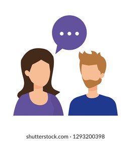 young couple with speech bubble characters