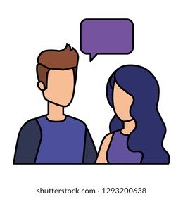 young couple with speech bubble characters