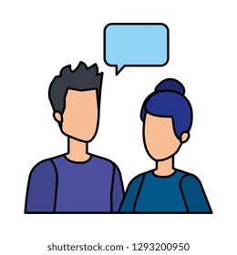 young couple with speech bubble characters