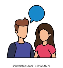 young couple with speech bubble characters