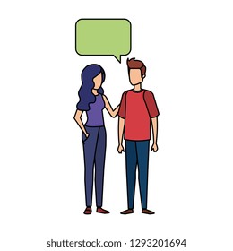 young couple with speech bubble characters