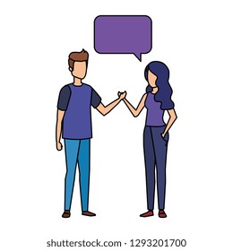 young couple with speech bubble characters