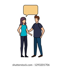 young couple with speech bubble characters