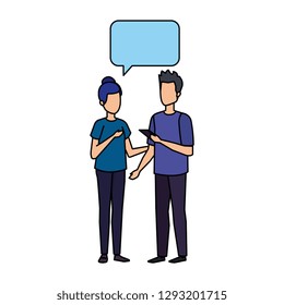 young couple with speech bubble characters