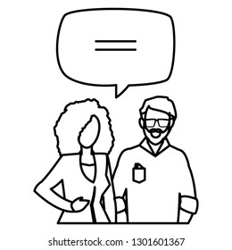 young couple with speech bubble characters