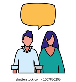 young couple with speech bubble characters