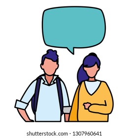 young couple with speech bubble characters