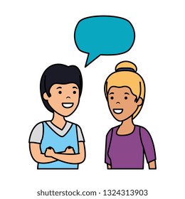 young couple with speech bubble characters