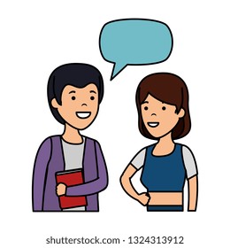 young couple with speech bubble characters