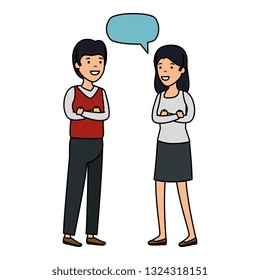 young couple with speech bubble characters