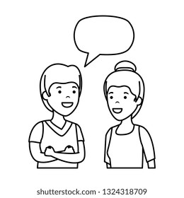 young couple with speech bubble characters