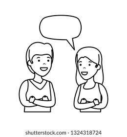 young couple with speech bubble characters