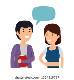 young couple with speech bubble characters