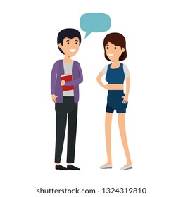young couple with speech bubble characters