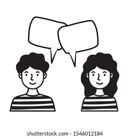 young couple with speech bubble characters vector illustration design