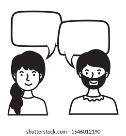 young couple with speech bubble characters vector illustration design