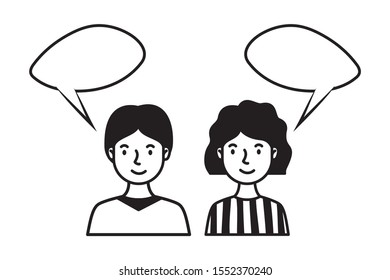 young couple with speech bubble characters vector illustration design