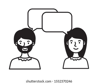 young couple with speech bubble characters vector illustration design
