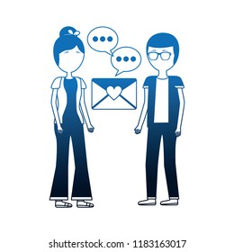 young couple with speech bubble and envelope