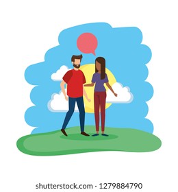 young couple with speech bubble in the field