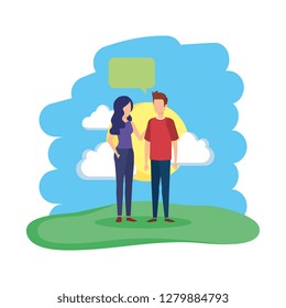young couple with speech bubble in the field
