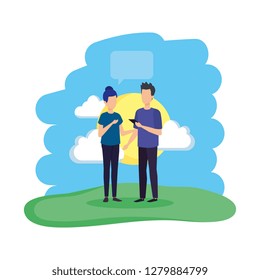young couple with speech bubble in the field