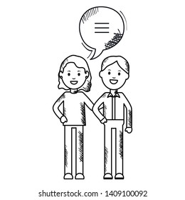 young couple with speech bubbles avatars characters square frame and birthday elements vector illustraitor