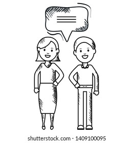 young couple with speech bubbles avatars characters square frame and birthday elements vector illustraitor