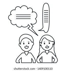 young couple with speech bubbles avatars characters square frame and birthday elements vector illustraitor