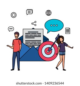 young couple with speech bubbles and envelope