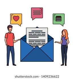 young couple with speech bubbles and envelope