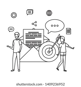 young couple with speech bubbles and envelope
