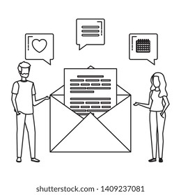 young couple with speech bubbles and envelope